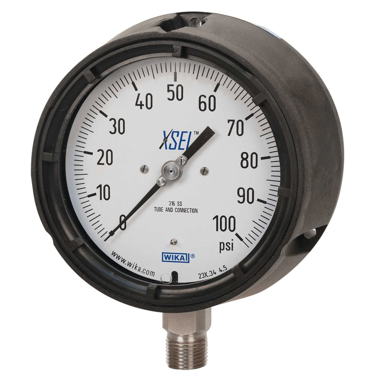 WIKA 232.34 Pressure Gauge, SS, Thermoplastic Case, 4-1/2", 1/4"NPT, Dry, 0-160 PSI